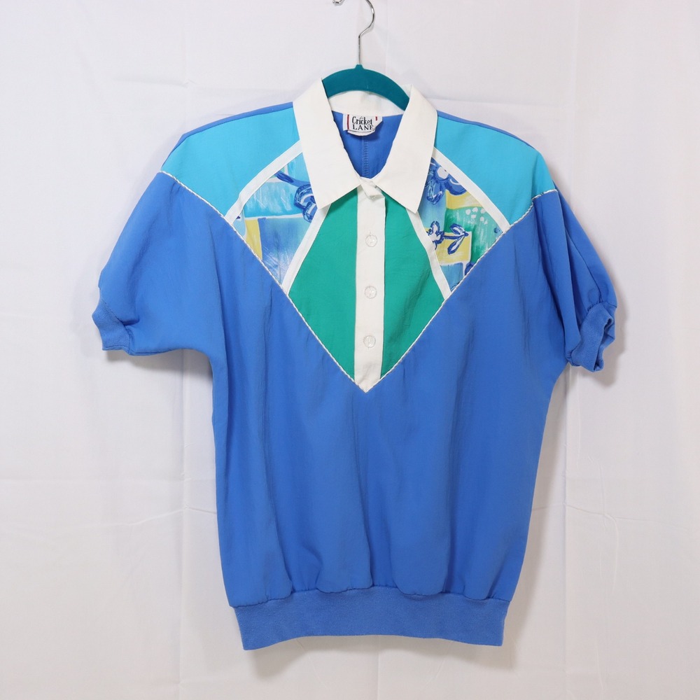 Cricket Lane Polo Shirt L Blue Womens Vintage Colorblock Short Sleeve Top